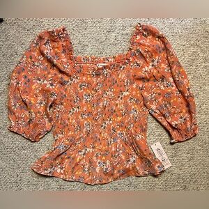 Nanette Lepore NWT On/Off Shoulder Smocked Floral Peplum Orange Blouse, Size M